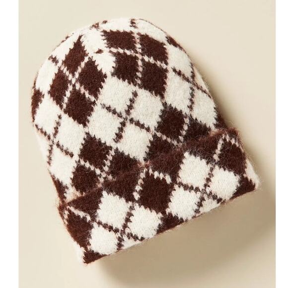 Anthropologie Cozy Argyle Beanie, White & Brown New With Tags - Picture 1 of 5